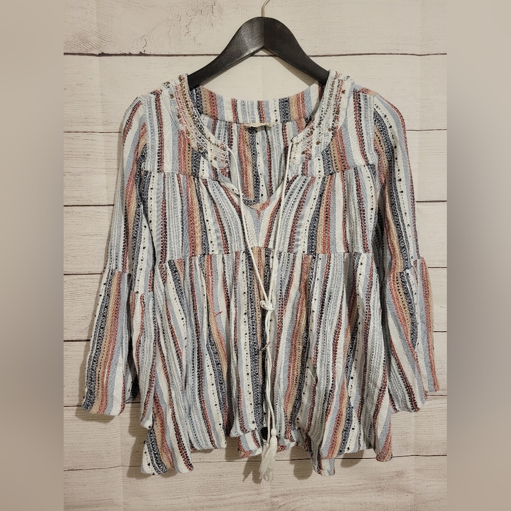Altar'd State Womens Blouse Top Bell Sleeve Peasant Metallic Thread  BOHO Size S